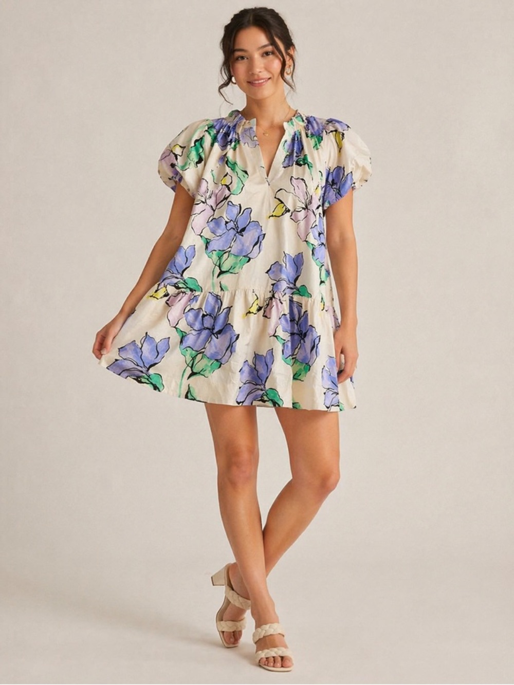 a new day Cream Floral Puff-Sleeve Mini Dress with Blue & Green Flowers